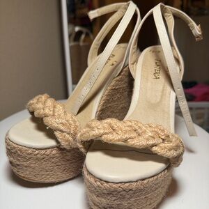 Cream and Tan Espadrille Wedges